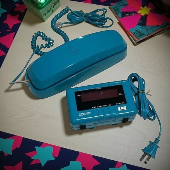 Vintage 1980s Conair Phone Alarm Clock Combo Set Teal Working Retro - Picture 1 of 16
